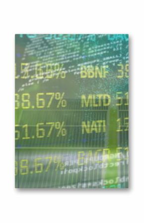 Image of financial data processing over solar panel