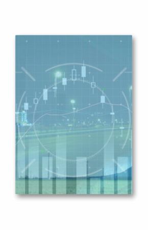 Image of graphs with hud processing against wind turbines with cityscape