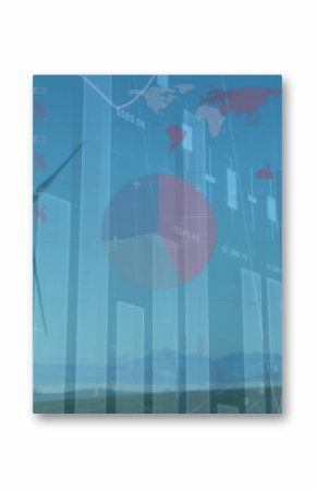 Image of graphs, charts against wind turbines on field