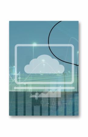 Image of statistical data processing over spinning windmills against night city traffic