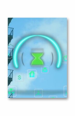 Image of ecology icons and hourglass over cityscape