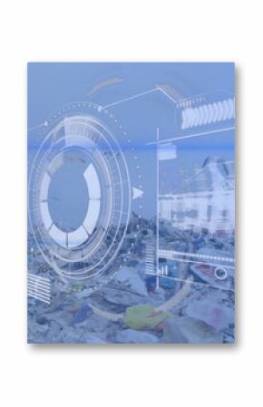 Image of digital scanner with interface and birds flying over junkyard against clear sky