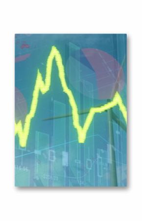 Image of financial data processing with graph over wind turbine