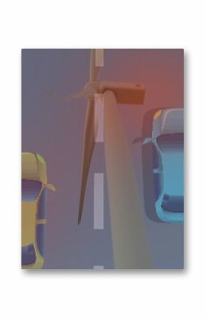Image of wind turbine over road and cars