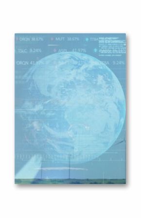 Displaying wind turbines spinning on grassy plain, with digital globe, graphs and data overlays