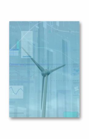 Standing wind turbine displaying chart overlays over coastal horizon, with financial data panels