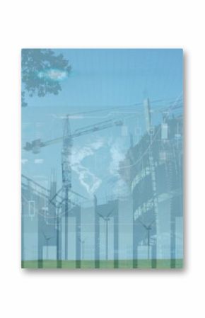 Erecting tower cranes lifting building frame on plain, with wind turbines, chart and map overlays