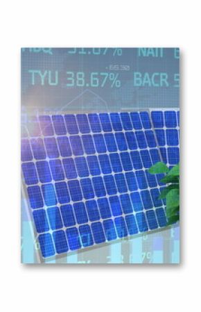 Solar panel leaning behind green sprout in digital scene, with financial data, world map silhouette