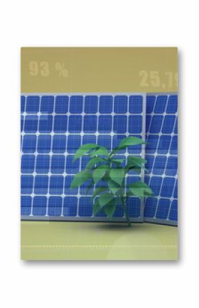 Displaying pair of blue solar panels with green seedling on yellow background, with data overlays