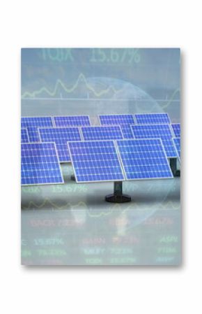 Showing blue solar panels on pedestals on grey backdrop, featuring globe and ticker chart overlays