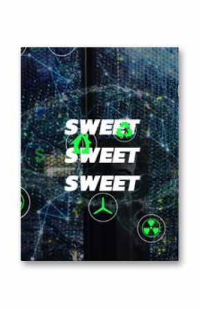 Displaying sweet text on digital honeycomb mesh with floating green energy icons