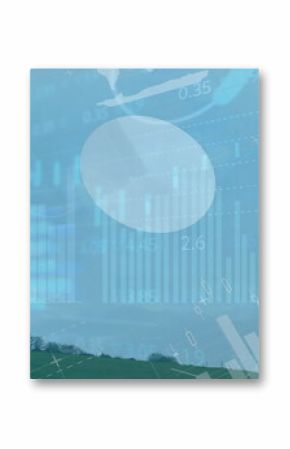 Overlaying semi-transparent graphs percentages and world map on rural hill, with wind turbine blade