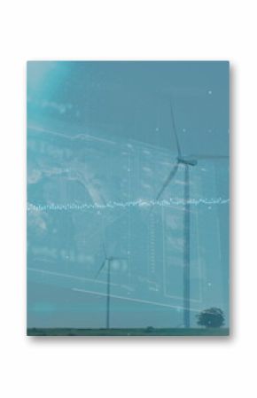 Spinning three wind turbines near lone tree on grassy field, with digital overlays showing data