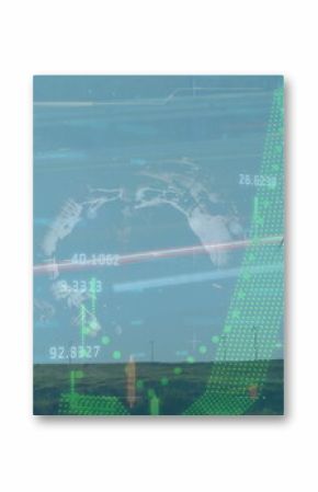 Presenting onshore wind turbine standing in green field, with digital data overlay