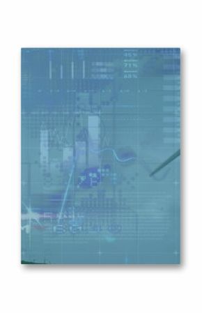 Displaying wind turbine on green hill with pie chart, charts and numeric data grid, copy space