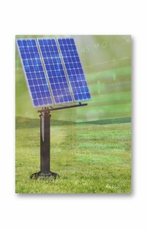 Rotating blue photovoltaic panel on tracking pedestal in meadow in golden haze, with chart overlays