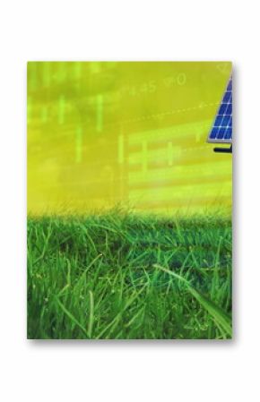 Showing two solar panels tilting toward sun in grass field, with sprouting plants and chart overlay