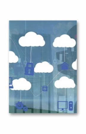 Floating cloud cluster linked to blue tech icons on hill with wind turbine, financial charts