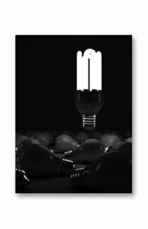Illuminated energy efficient lightbulb over bulbs