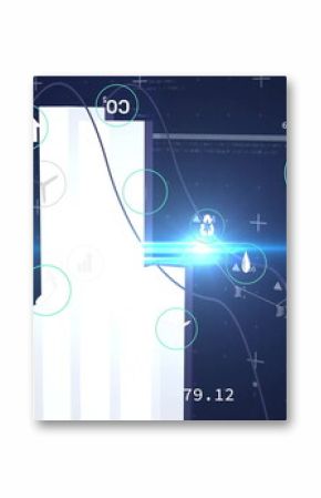 White 3D bar chart columns rising at varying heights in interface, with energy metrics, copy space