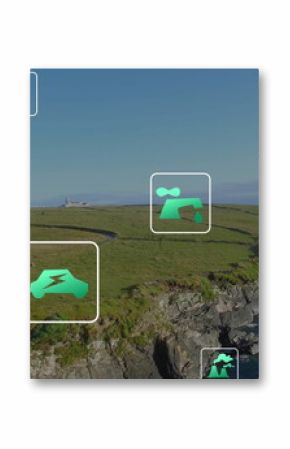 Displaying grassy coastal cliff overlooking deep blue sea, with floating green sustainability icons