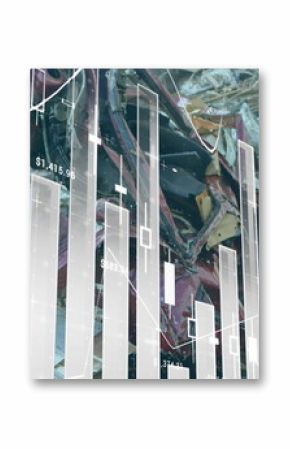 Displaying scrap metal pieces piling up in recycling yard, with candlestick charts, price overlays