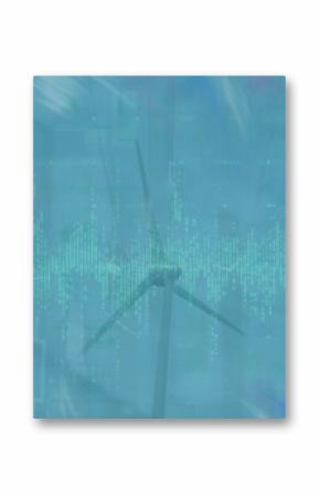 Wind turbine standing in digital energy interface, with green waveform, data points and log stacks