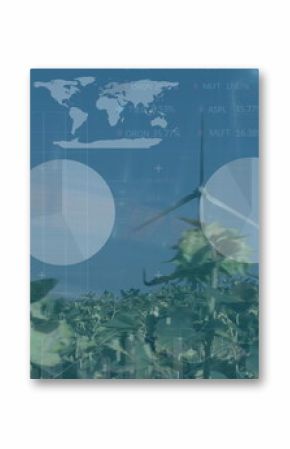 Towering white wind turbine in open farmland, with world map, chart, graph and percentage overlays