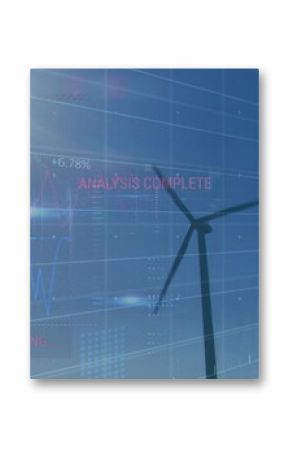 Displaying wind turbine rotating at wind farm under clear sky, with digital graphs and text overlay