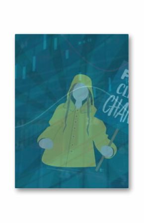 Faceless figure wearing yellow raincoat holding protest sign on digital grid, with data overlays