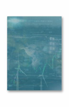 Displaying wind turbines overlaying mountain ridge showing holographic globe and green line charts