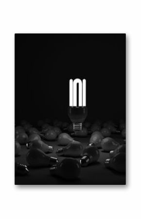 Lit energy efficient lightbulb over bulbs