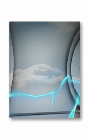 Futuristic metallic portal frames are showing clouds with blue energy ribbons in sci-fi 3D render