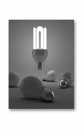 Graphic image of lit energy efficient lightbulb over bulbs
