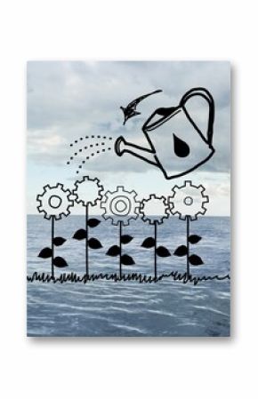 Cog flowers with can over ocean