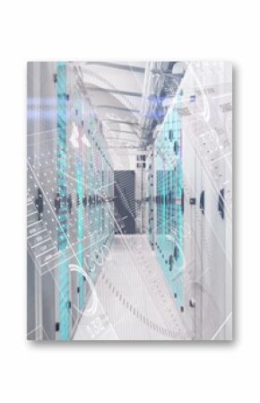 Displaying central server racks projecting holographic data overlays in data center corridor