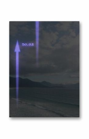 Displaying purple holographic arrow pointing upward on shore, with numeric display reading 50