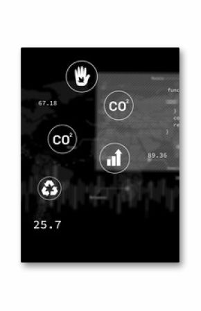 Displaying eco dashboard in dark theme, with CO² and recycling icons, code panel and histogram