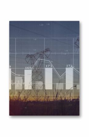 Lattice transmission towers rising in country grassland, with translucent bar chart and line graph