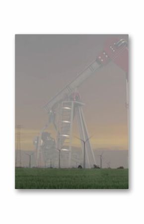 Pumping oil pump jack moving beam on field at sunset, with wind turbines and transmission towers