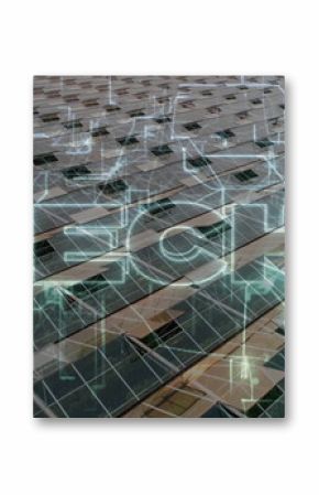 Extending photovoltaic panels mounted on rooftop racks, receiving wireframe overlay with data nodes