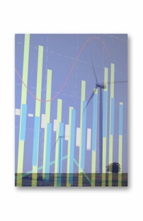 Featuring wind turbine rising over wind farm, with pastel chart overlay and red line, copy space