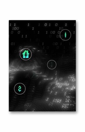 Floating icons showing plug, radiation, solar, wind turbine and money symbols in digital network