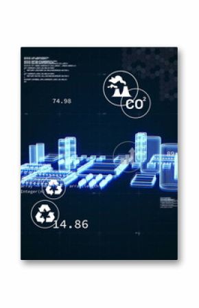 Showing industrial hologram glowing in virtual interface, with numeric overlays and code snippets
