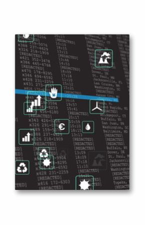 Showing green euro recycling icons with bright blue line weaving across dashboard and data columns