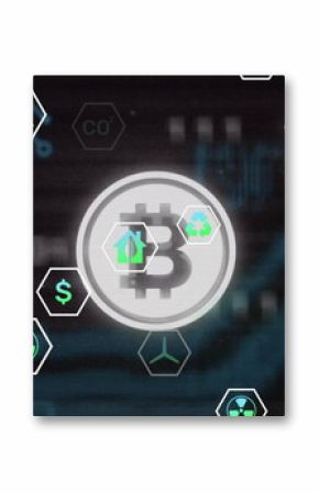 Floating Bitcoin symbol over circuit backdrop, with wind turbine, dollar, recycling and plug icons