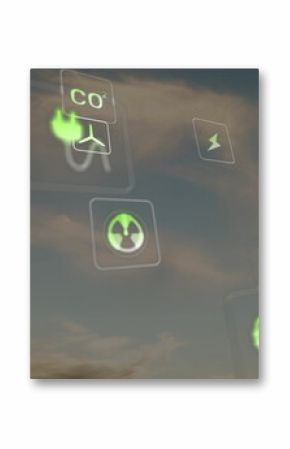 Displaying green energy icons floating in dusk sky, showing plug, CO2, lightning, nuclear, chart