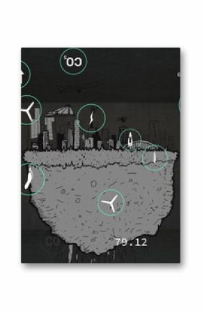 Presenting floating earth chunk showcasing roots and skyline in concrete gallery, with energy icons
