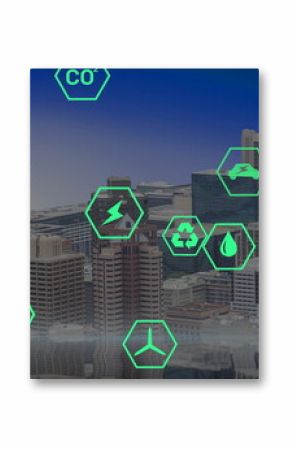 Floating green hexagonal icons illustrating energy efficiency over city skyline, mirrored surface