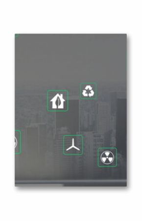 Displaying energy and recycling icons on glass pane showing radiation and emission dollar symbols